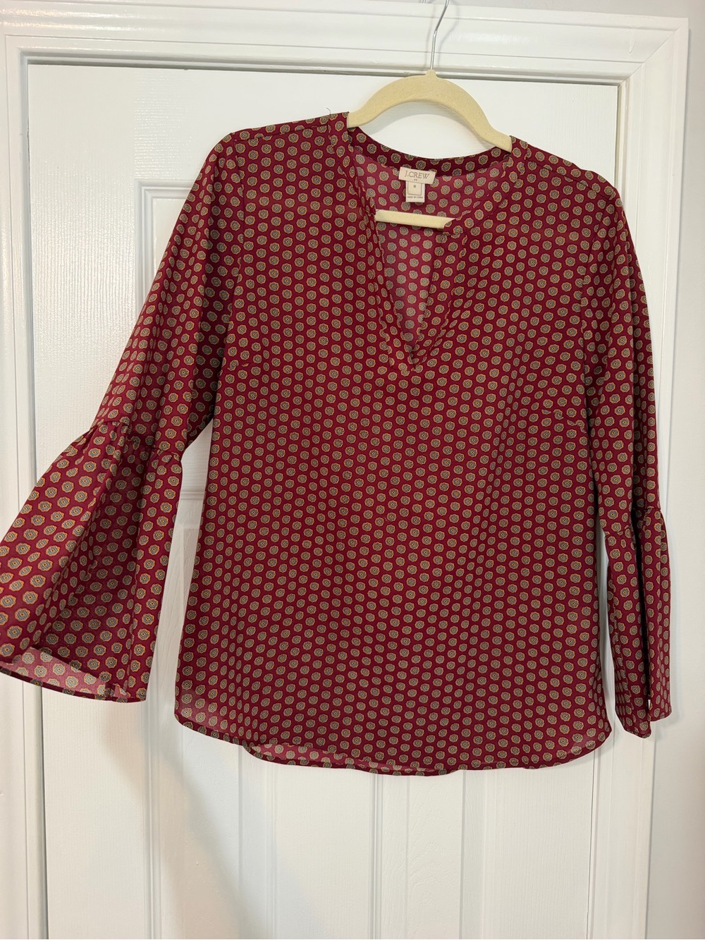 J. Crew Burgundy Printed V-Neck Bell Sleeve Blouse